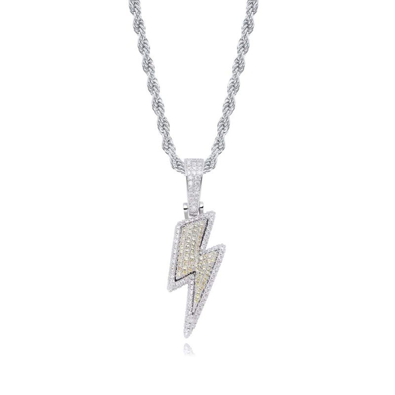 JINAO Hip Hop Lightning Bolt Design Pendant 18k Gold Plated Iced Out Cubic Zirconia Pendant Necklace with Micropave Simulated Diamond for Men Women (White Gold) - Image 1